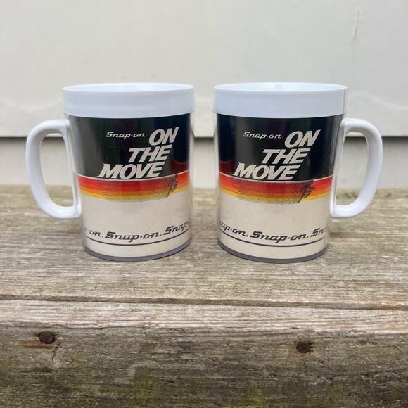 Vintage 90s Snap On Tools USA Thermo-Serv "On The Move" Coffee Mug Plastic Set 2 - Picture 1 of 5